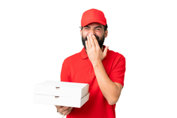 Pizza delivery man with work uniform picking up pizza boxes over isolated chroma key background happy and smiling covering mouth with hand