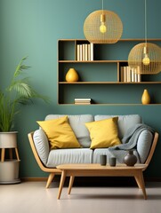 The green loveseat sofa is complemented by yellow pillows. Wooden bookcase near teal wall. Scandinavian interior design of modern stylish living room.