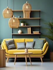 The green loveseat sofa is complemented by yellow pillows. Wooden bookcase near teal wall. Scandinavian interior design of modern stylish living room.