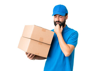 Delivery caucasian man over isolated chroma key background having doubts