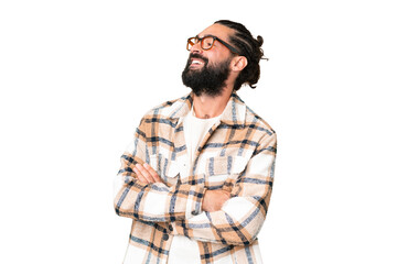 Young man with beard over isolated chroma key background happy and smiling
