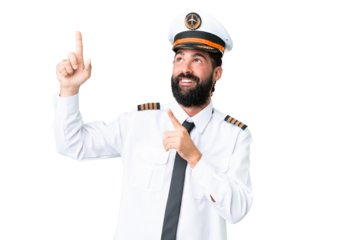 Airplane caucasian pilot man over isolated chroma key background pointing with the index finger a great idea