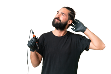 Tattoo artist caucasian man over isolated chroma key background having doubts