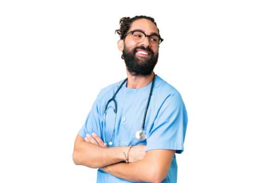 Young doctor man over isolated chroma key background with arms crossed and happy