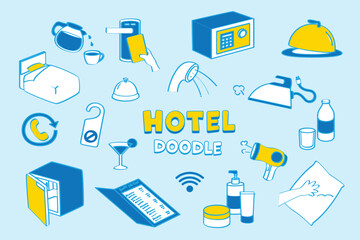 Hotel items in doodle styles. Set of hand drawing Hotel facilities.