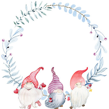 Christmas greeting card. Watercolor winter card with gnome.