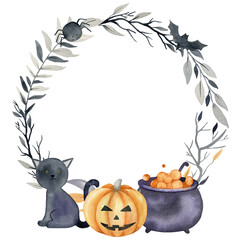 Happy halloween greeting card. Watercolor card with pumpkins.