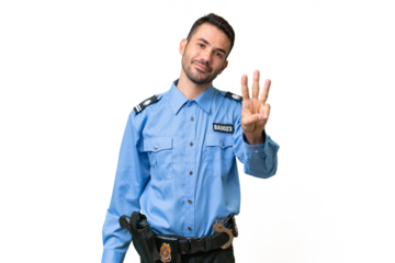 Young police caucasian man over isolated background happy and counting three with fingers