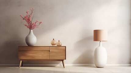 Interior of minimal living room with wooden chair, chest of drawers and vase with flowers near the wall, extremely modern and minimalistic style, white house, moody, window light, Generative AI.