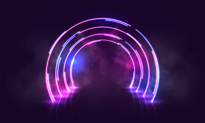 Obraz premium Scene for presentation with neon lighting and smoke. Vector illustration.