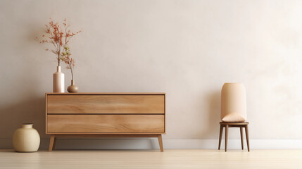 Interior of minimal living room with wooden chair, chest of drawers and vase with flowers near the wall, extremely modern and minimalistic style, white house, moody, window light, Generative AI.