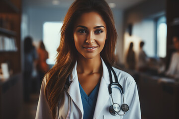 Close-up shot of a female doctor with a stethoscope in a doctor's office, Generative AI