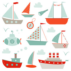 vector set with cute cartoon marine transport  and ships 