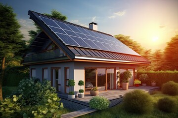 Photovoltaic panels on the roof. Roof of a house with solar panels. View of solar panels in the roof house.
