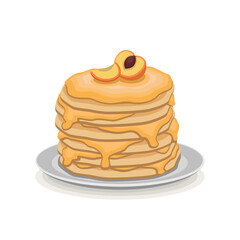 Pancakes with peach jam and peach slices on top on a gray plate with a shadow on a white background