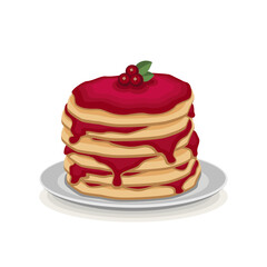 Pancakes with three red currant berries and leaves on a gray plate with a shadow on a white background