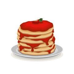 Pancakes with strawberry and leave on a gray plate with a shadow on a white background