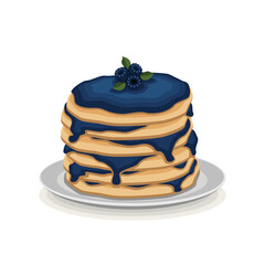 Pancakes with three blackberries and leaves on a gray plate with a shadow on a white background