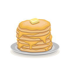 Pancakes with slices of yellow butter on a gray plate with a shadow on a white background