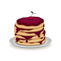 Pancakes with three cherry berries and leave on a gray plate with a shadow on a white background