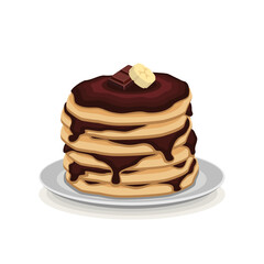 Pancakes with two pieces of chocolate, chocolate paste, banana on a gray plate with a shadow on a white background