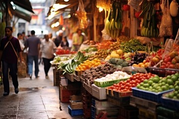 Fototapeta na wymiar Traditional bazaar. variety of fresh fruits, busy marketplace, local vendors.