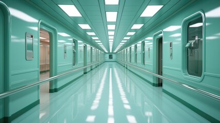 A long hallway with green walls and white floors. Fictional image.