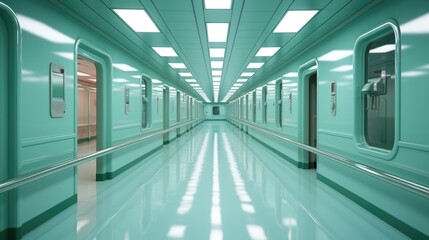 Naklejka premium A long hallway with green walls and white floors. Fictional image.