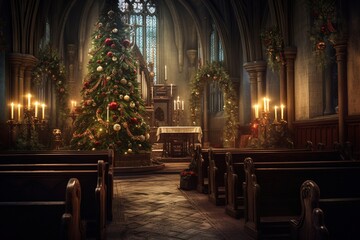 A midnight Mass on Christmas Eve, with a church bathed in soft candlelight - obrazy, fototapety, plakaty