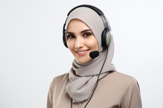 A muslim woman in jijab is wearing a headset. Call center operator. Imaginary photorealistic image.