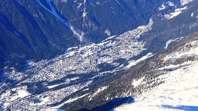 The city of Chamonix in Europe, France, Rhone Alpes, Savoie, Alps, winter, on a sunny day. 