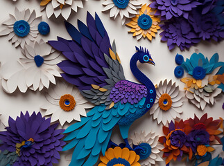Fototapeta premium colorful kirigami peacock in flower background.