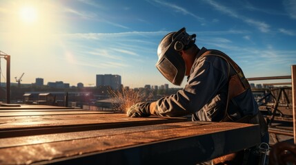 Fototapeta premium Welder welding steel pole. Generative AI technology.
