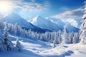 Tranquil winter scene. Snow-capped mountains, glistening trees, serene landscape.