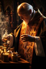 Obraz premium A priest in liturgical vestments, pouring sacred oil on the altar during a crisp autumn day, symbolizing the Feast of the Dedication of the Lateran Basilica