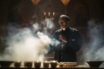 Fototapeta na wymiar A priest preparing the Eucharist during a solemn Advent Mass, with incense smoke wafting in the air