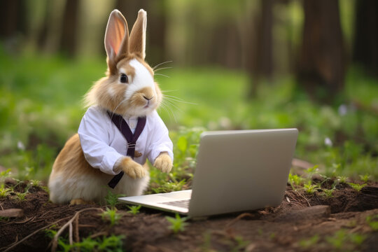 A rabbit in a shirt and tie sitting in front of a laptop. Imaginary photorealistic image.
