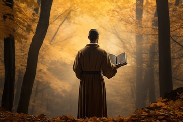 A priest standing in contemplation amidst a forest of autumn leaves, Bible in hand, soaking in the serenity of nature - obrazy, fototapety, plakaty