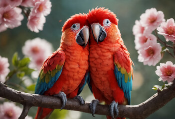 Obraz premium Couple of romantic red macaw parrots on branch. Generative AI