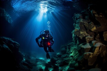 In the depths of the sea, a fearless diver with an aqualung ventures into the otherworldly, illuminated by enchanting rays of light.