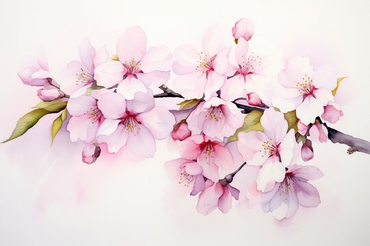 Let the exquisite allure of cherry blossoms brighten your space with this watercolor illustration of a pink sakura branch against a pure white background