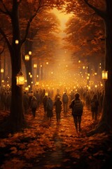 A procession of people holding candles and lanterns on a crisp autumn night, commemorating All Saints' Day, with golden leaves underfoot