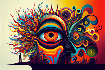 Trippy and psychedelic artwork. Surreal illustration in vivid multicolors. Eyes and face theme