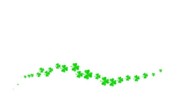 Animated green symbol of leaf of clover. Icon of Іrish plant fly from left to right. A wave of clover. Concept of Patrick's Day. Looped video. Flat vector illustration isolated on white background.