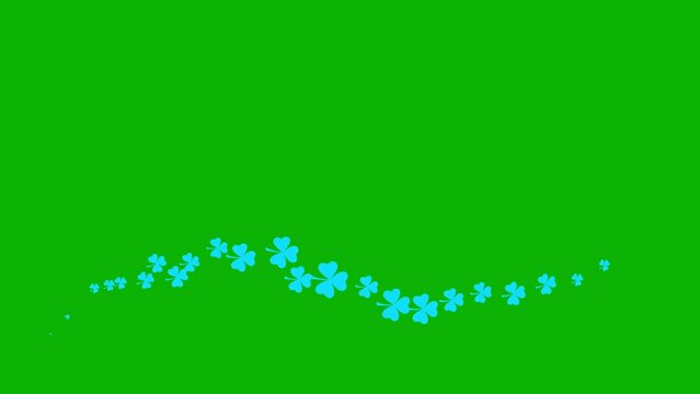 Animated blue symbol of leaf of clover. Icon of Іrish plant fly from left to right. A wave of clover. Concept of Patrick's Day. Looped video. Flat vector illustration isolated on white background.