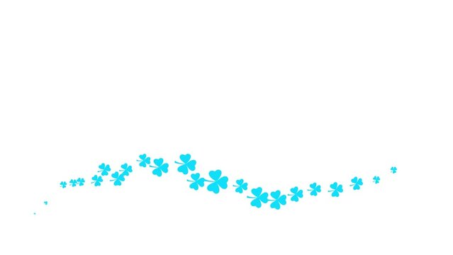 Animated blue symbol of leaf of clover. Icon of Іrish plant fly from left to right. A wave of clover. Concept of Patrick's Day. Looped video. Flat vector illustration isolated on white background.