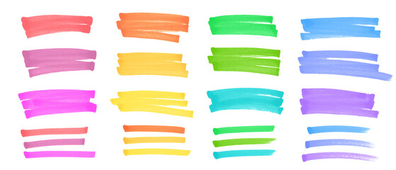Text marker stroke set, highlighter lines on transparent background 
