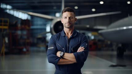 Portrait shot of an engineer standing in front of a passenger jet at a hangar.