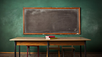 Education image empty table and blackboard - obrazy, fototapety, plakaty