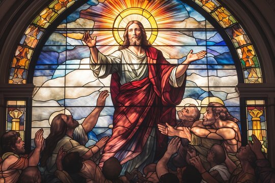 A stained glass window in a cathedral, vividly portraying Jesus with outstretched arms, surrounded by people of all races and ages, signifying universal love and acceptance